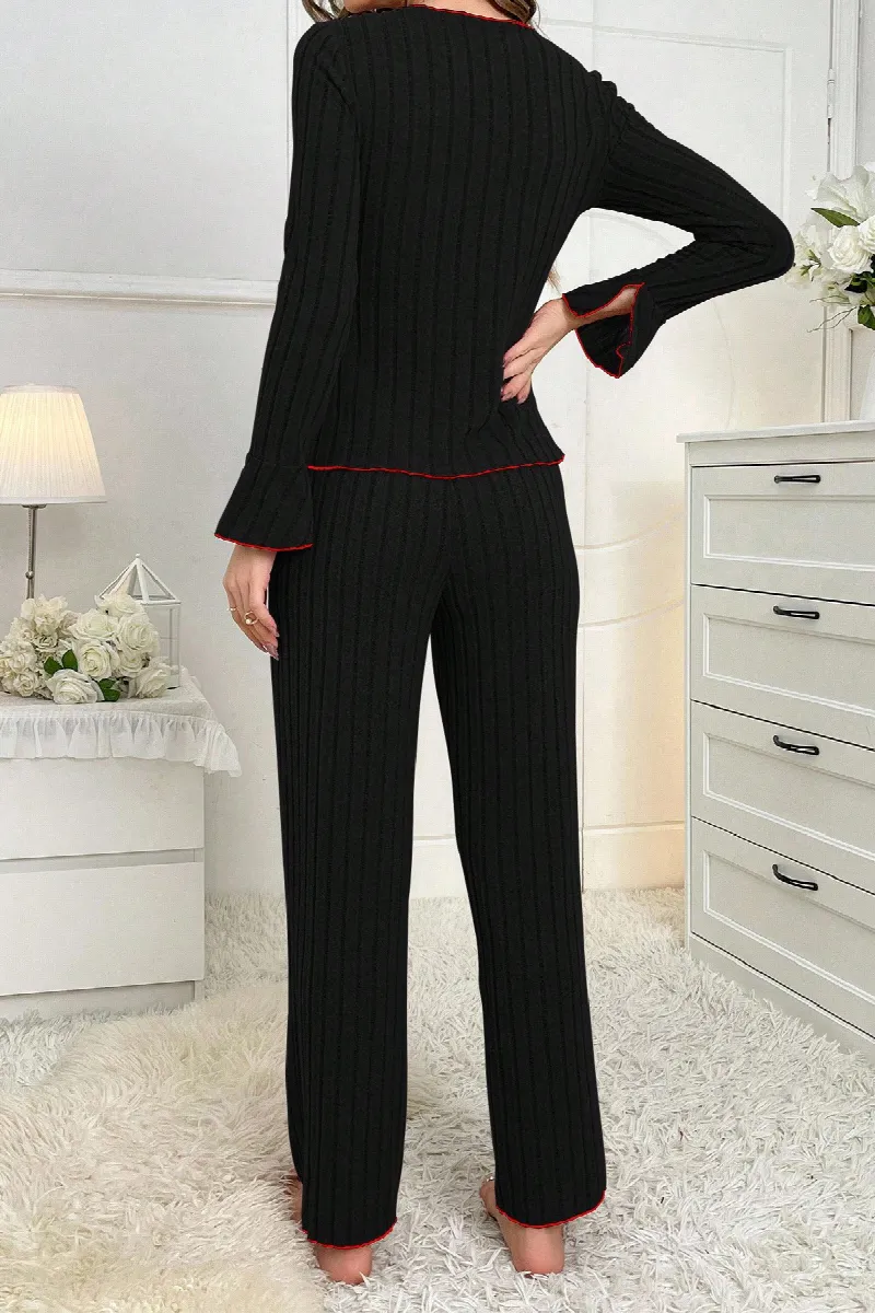 Kadın Siyah Kırmızı Biyeli ve Fiyonklu Uzun Kollu Mevsimlik Pijama Takımı