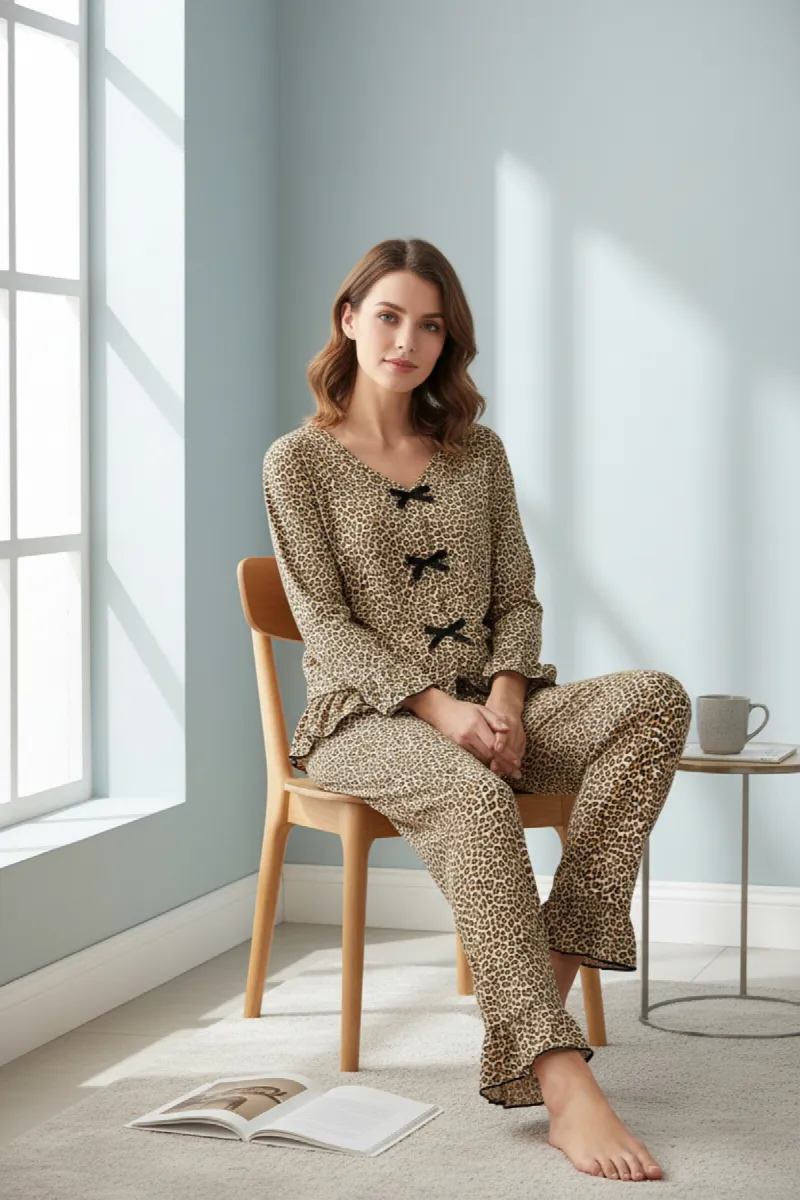 Kadın Uzun Kollu Leopar Desenli Fiyonklu Ev Giyim Pijama Takımı