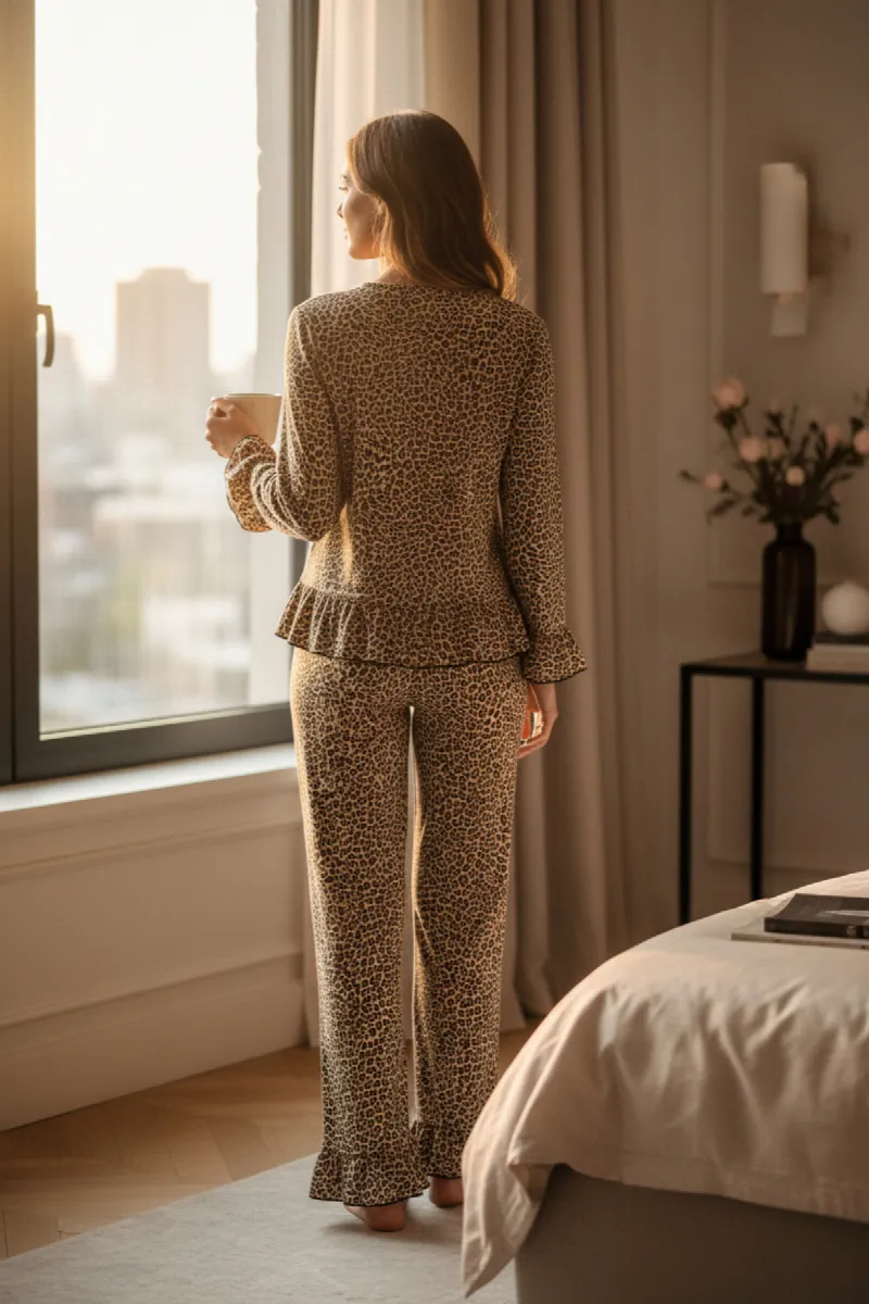 Kadın Uzun Kollu Leopar Desenli Fiyonklu Ev Giyim Pijama Takımı
