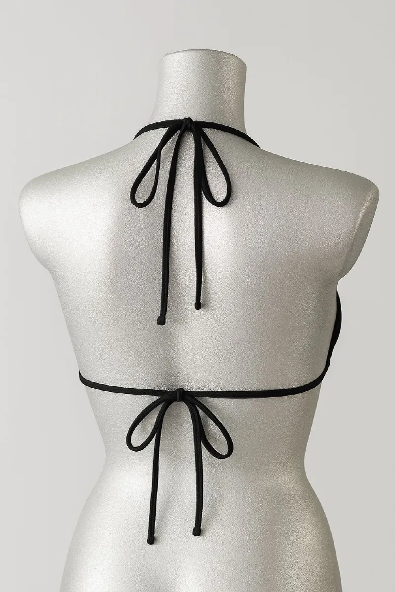 Kadın Siyah Pedli Üçgen Bikini Üstü Halter Bağlamalı Aksesuarlı
