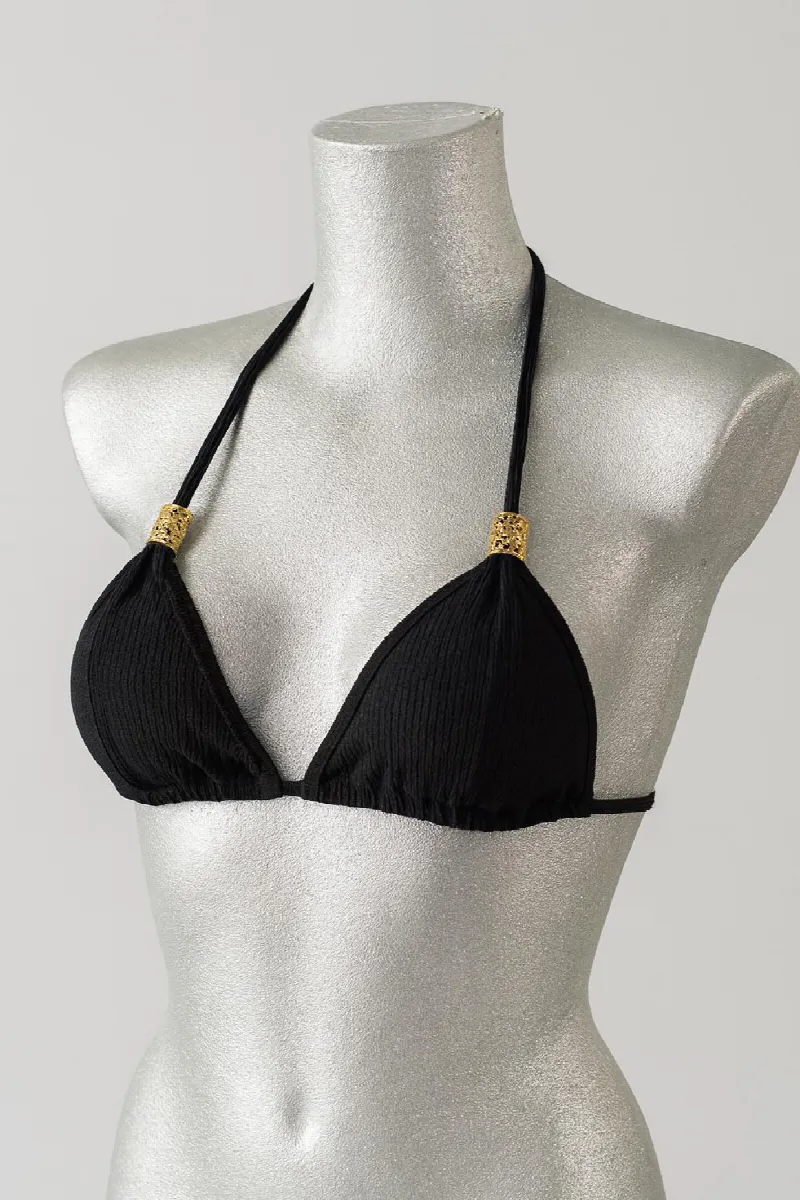Kadın Siyah Pedli Üçgen Bikini Üstü Halter Bağlamalı Aksesuarlı