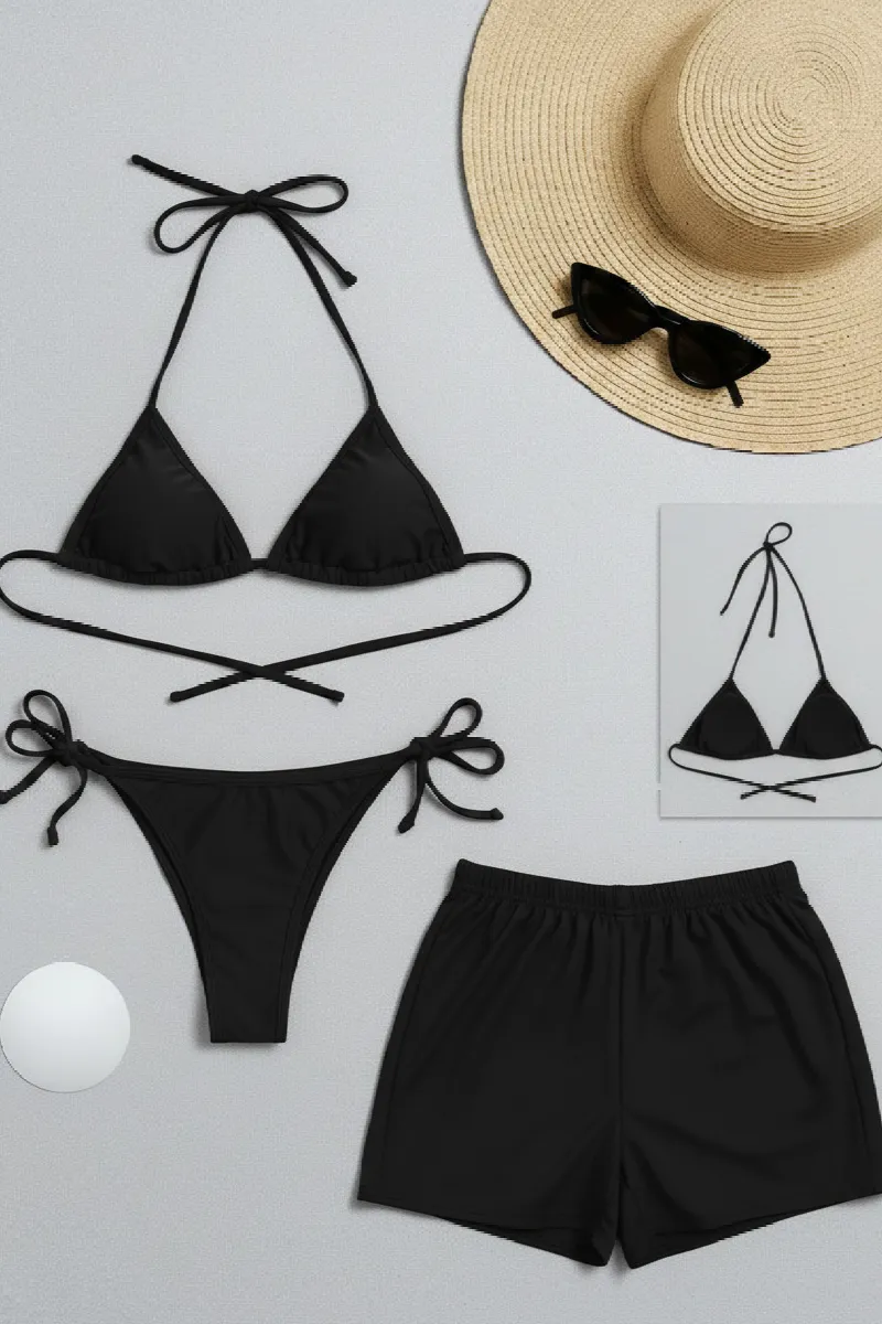 Kadın 3'lü Set Siyah Şortlu ve Yandan Bağlamalı Bikini Mayo Takımı