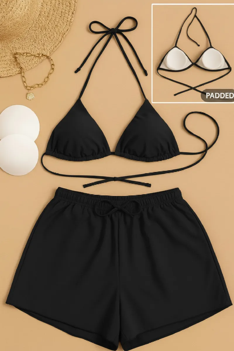 Kadın 3'lü Set Siyah Şortlu ve Yandan Bağlamalı Bikini Mayo Takımı