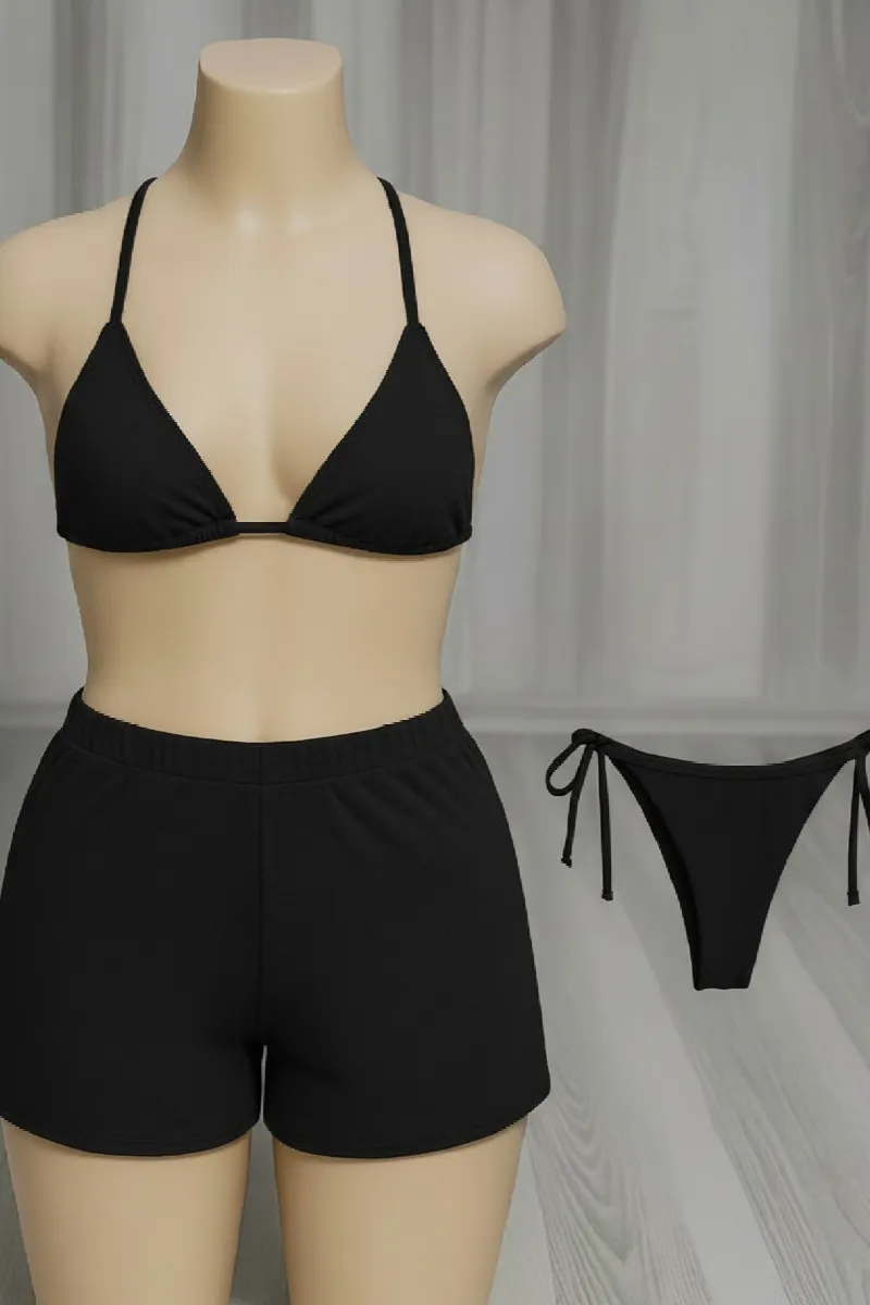 Kadın 3'lü Set Siyah Şortlu ve Yandan Bağlamalı Bikini Mayo Takımı