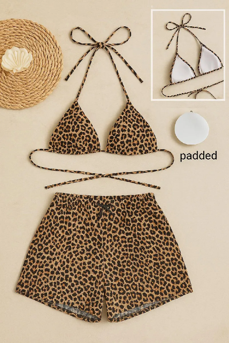 Kadın Leopar Desenli Şortlu Belden ve Boyundan Bağlamalı Bikini Takımı