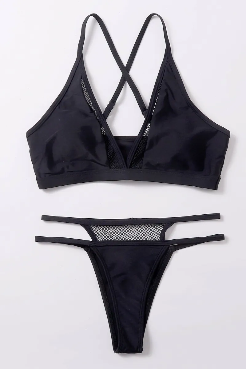 Kadın Siyah File Detaylı Özel Bikini Takımı