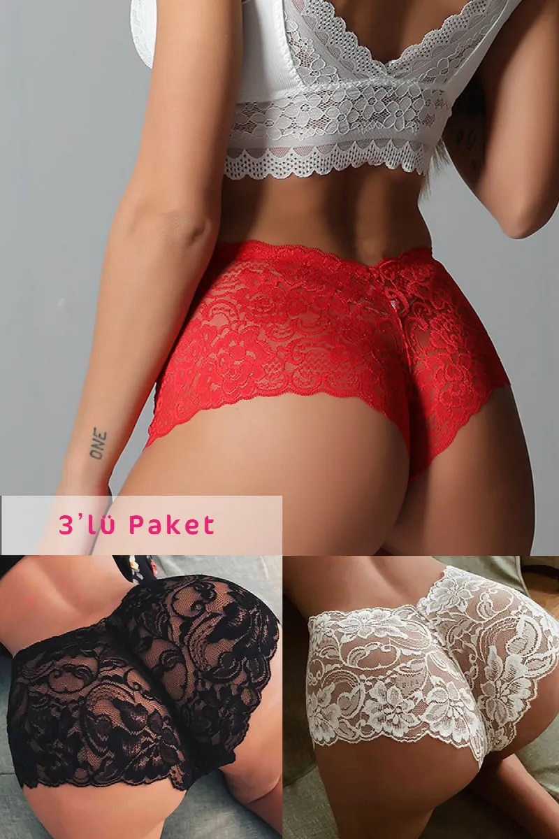 Kadın Siyah Beyaz Kırmızı 3'lü Paket Dantel Tanga Şort Külot