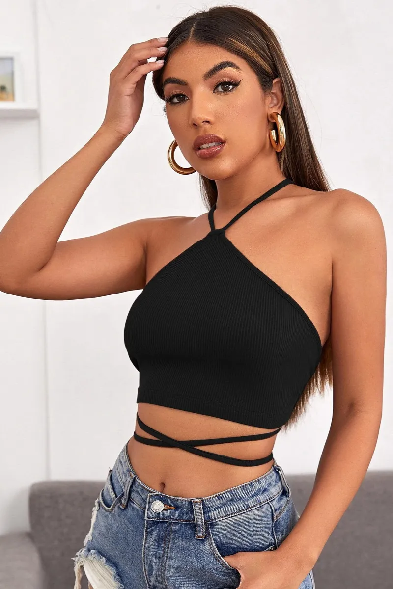 Kadın Siyah Sırtı Açık Boyundan Çapraz Bağlamalı Crop Top Bluz